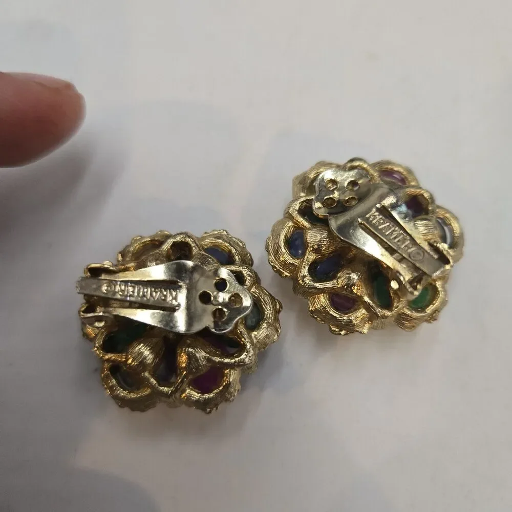 Vintage Kramer Fruit Salad Clip Earrings Lucite Cluster Beaded Gold Tone